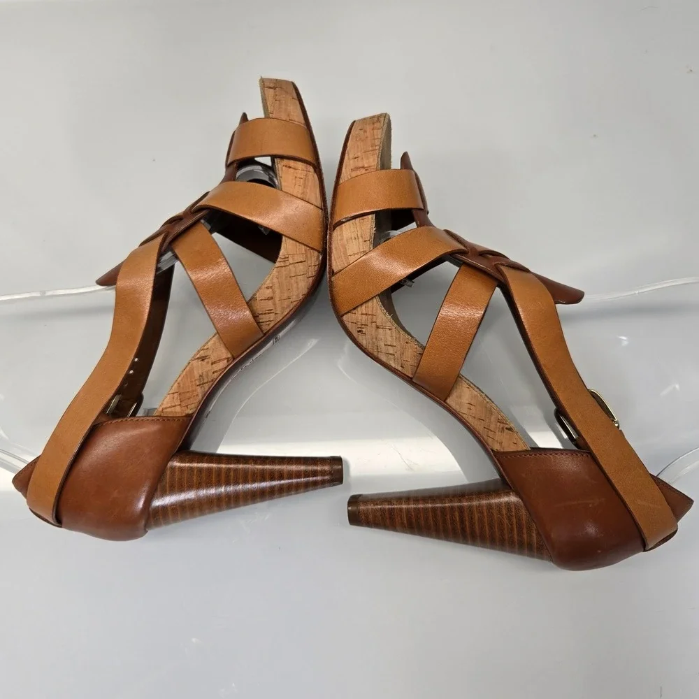 Vintage Y2K Cole Haan Leather Sandals 6B Brown Cork Chunky Platform Heel Strappy